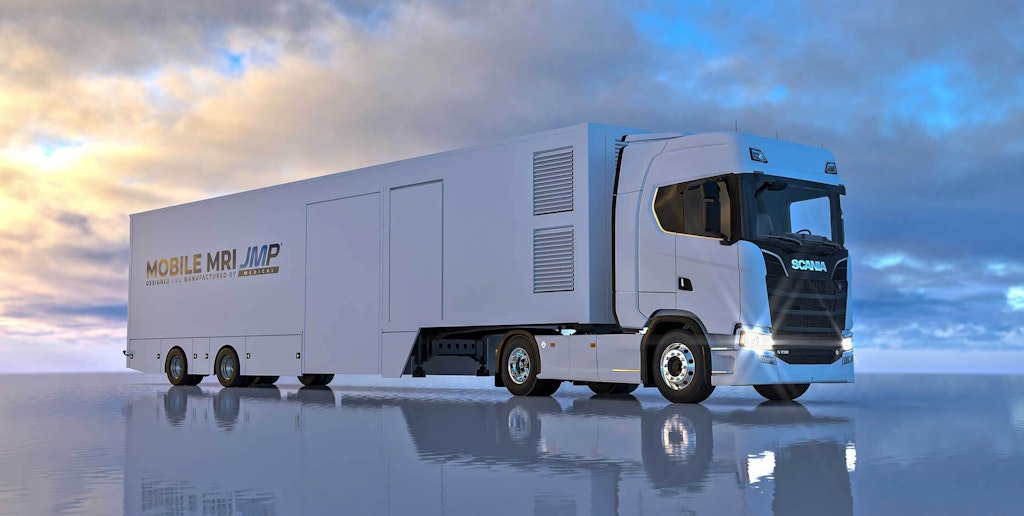 Portable MRI scanner trailer attached to truck