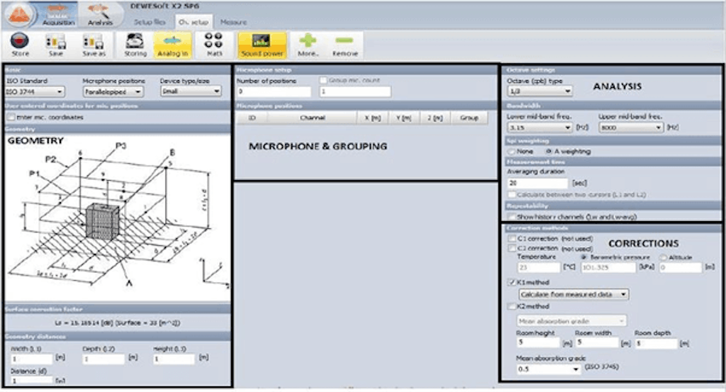 Abb. 6: Konfiguration des Schallleistungsmoduls in der Dewesoft-Software