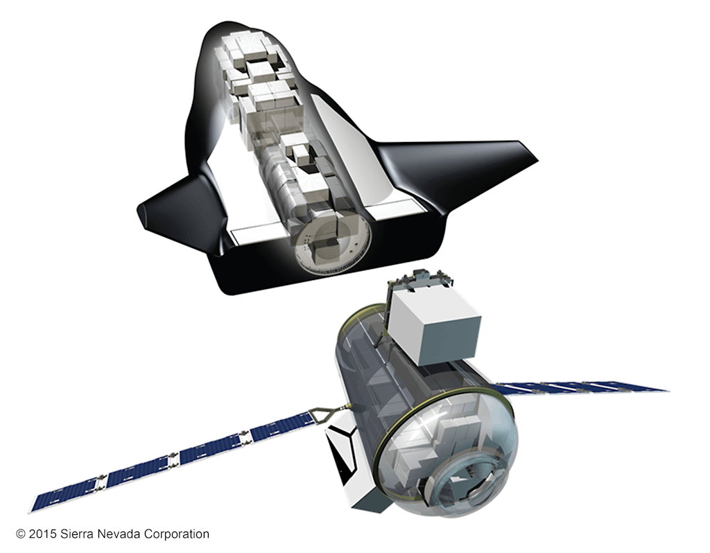 Figura 1. Dream Chaser di SNC senza equipaggio con veicolo da trasporto e carico visibile.