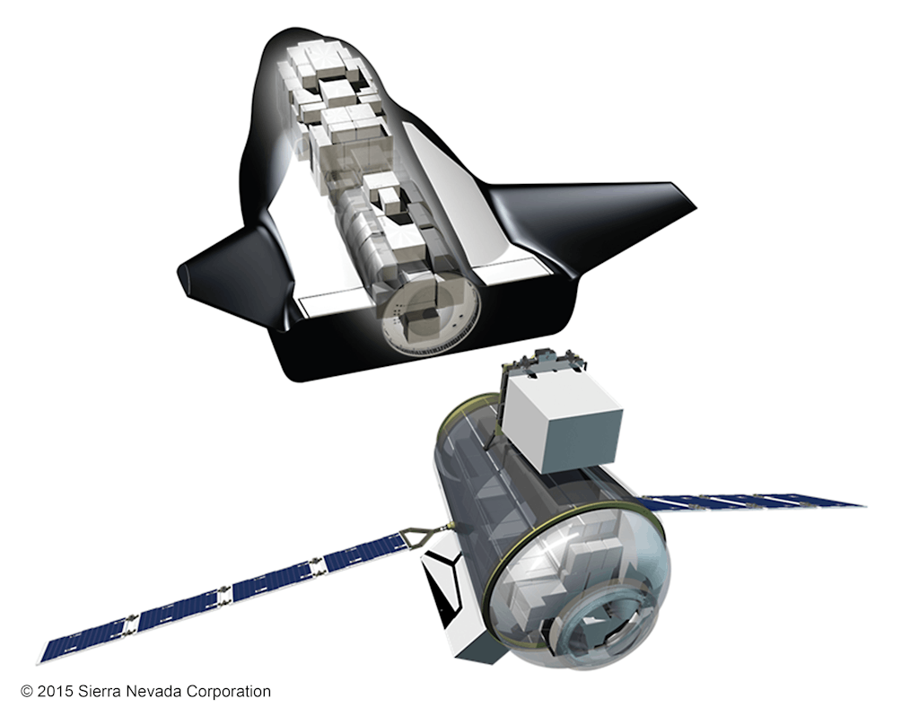 Slika 1. Dream Chaser brez posadke SNC s transportnim vozilom in vidnim tovorom.