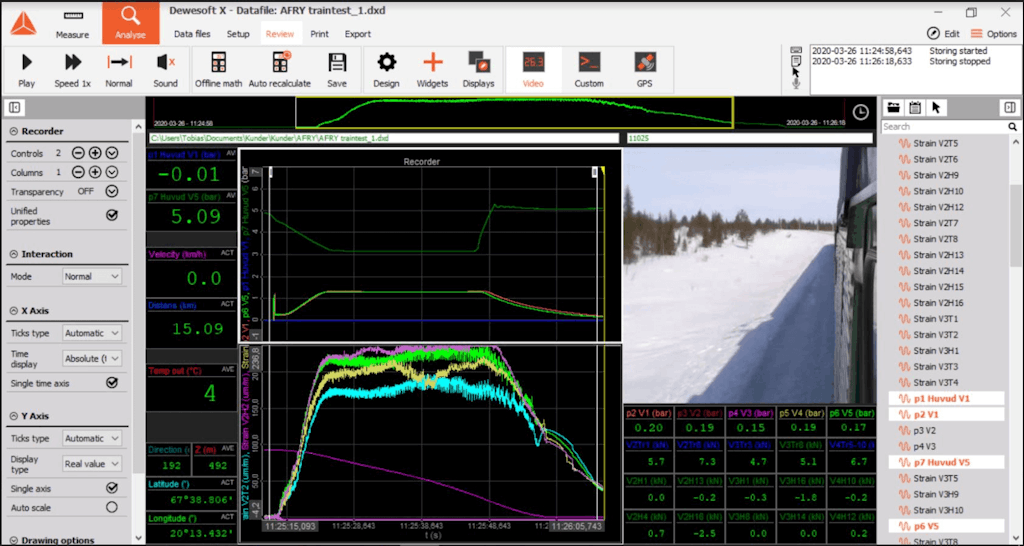 Figure 4. Screenshot of the measurement at the time when brakes are applied from all the train sets. The lower window shows the raw data from the strain gage sensors and the upper window the pressure applied on the brakes and the speed of the train.