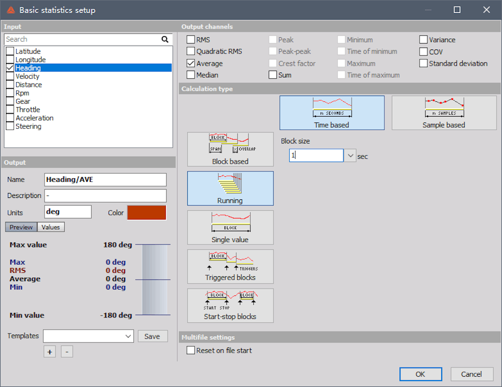 Figure 5. Basic statistics setup in DewesoftX DAQ software.