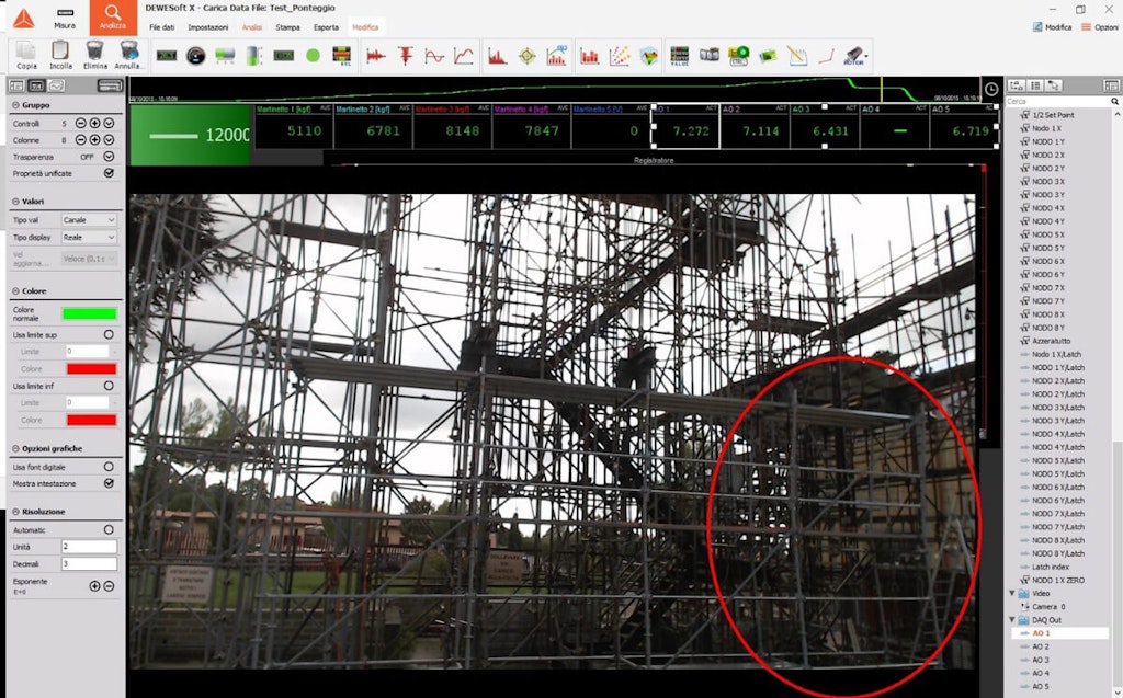 Interfaccia grafica del software Dewesoft X durante l'analisi di una registrazione  - il ponteggio collassa nella zona evidenziata