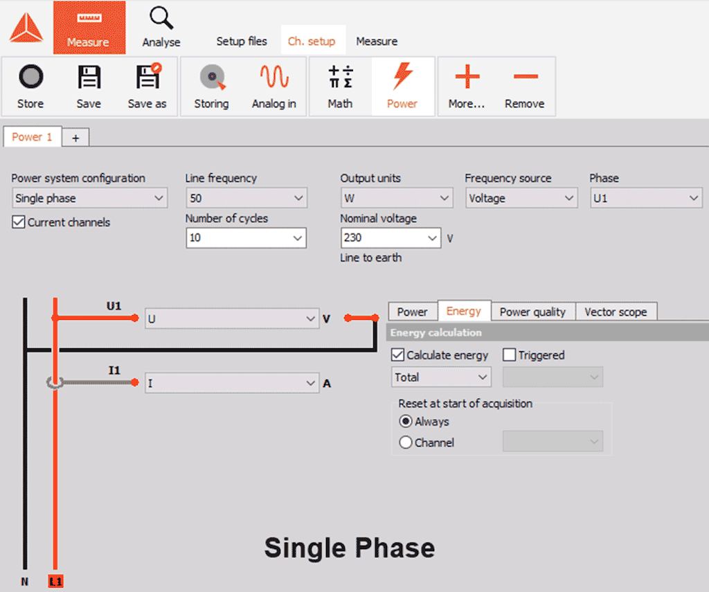 Single-phase wiring diagram setup inside DewesoftX software