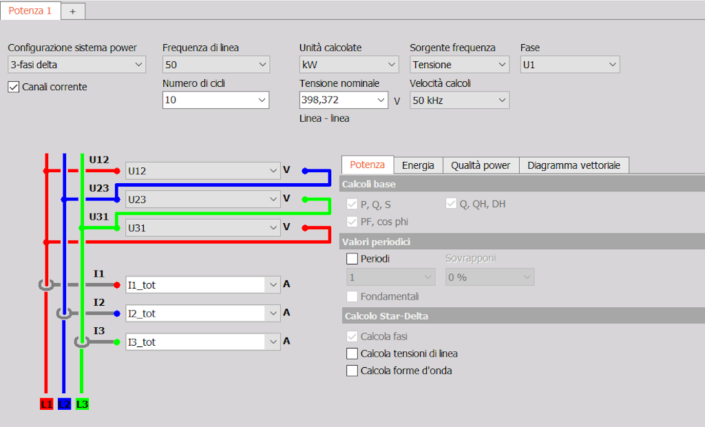 The measurement setup in Dewesoft X data acquisition software provides a visual selection of the different wiring schematics - in this case, 3-phase Delta