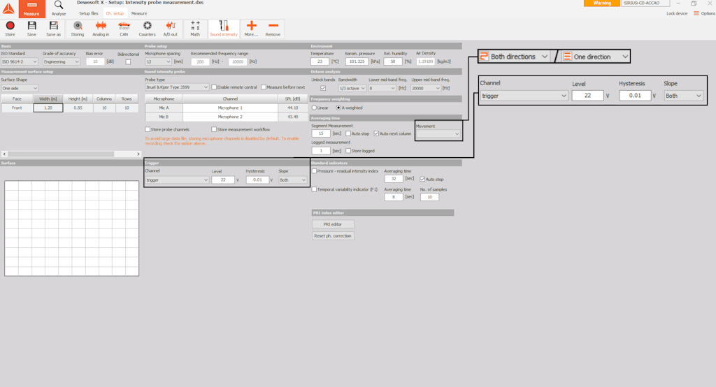 Abbildung 2: Setup von Dewesoft für die automatische Messung mittels Intensitätssonde