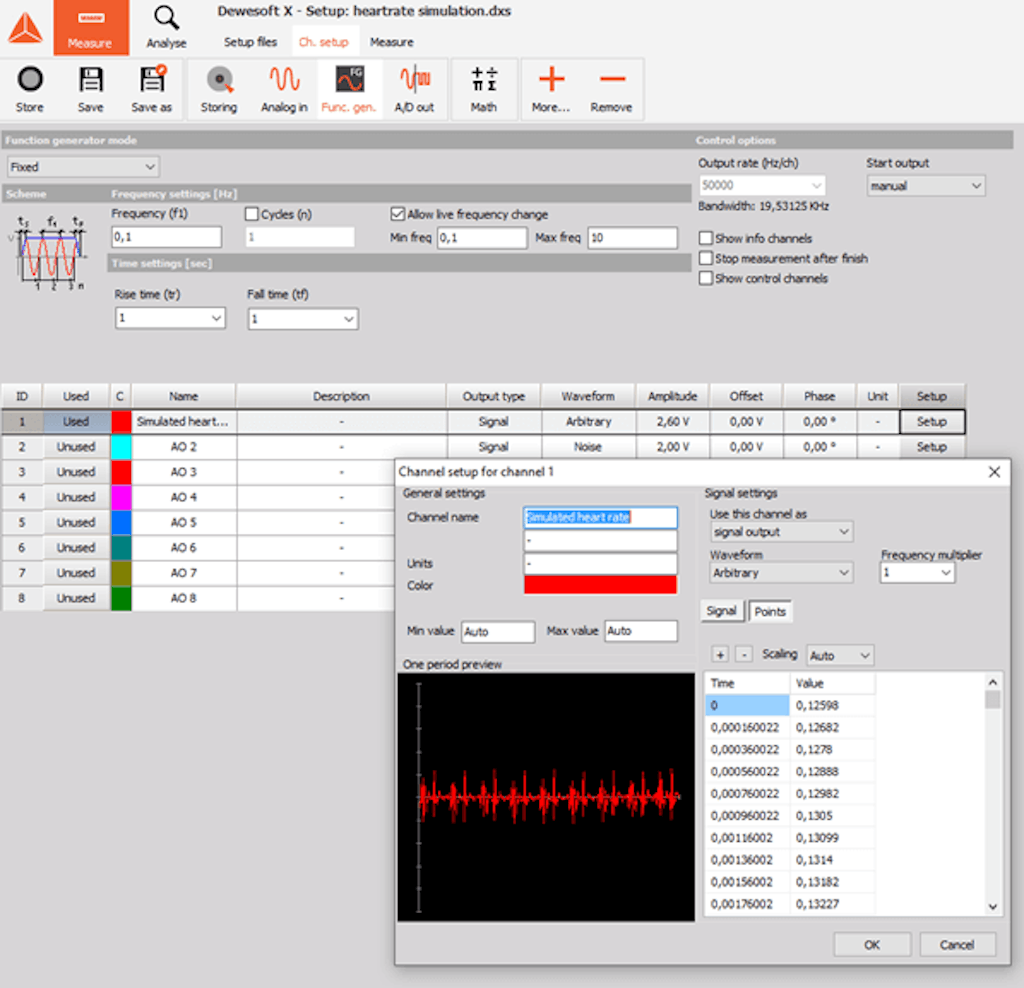 Function generator channel setup inside the Dewesoft X data acquisition software