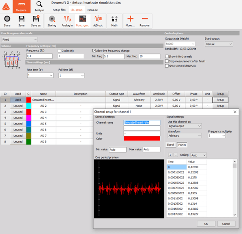 Configurazione del canale del generatore di funzioni all'interno del software di acquisizione dati DewesoftX.