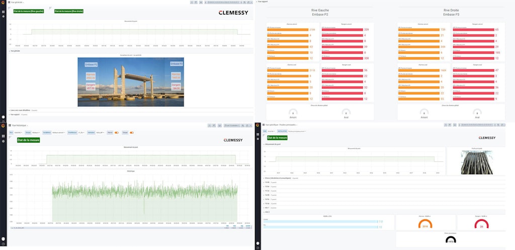 Operator screens on local web interfaces displaying values for alarm levels, alarm numbers, shock counting, statistic levels for accelerometers/microphones, and DAQ status