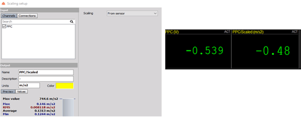 Figure 5: Math scaling setup (Left) and measured data in raw voltage and scaled values (right).