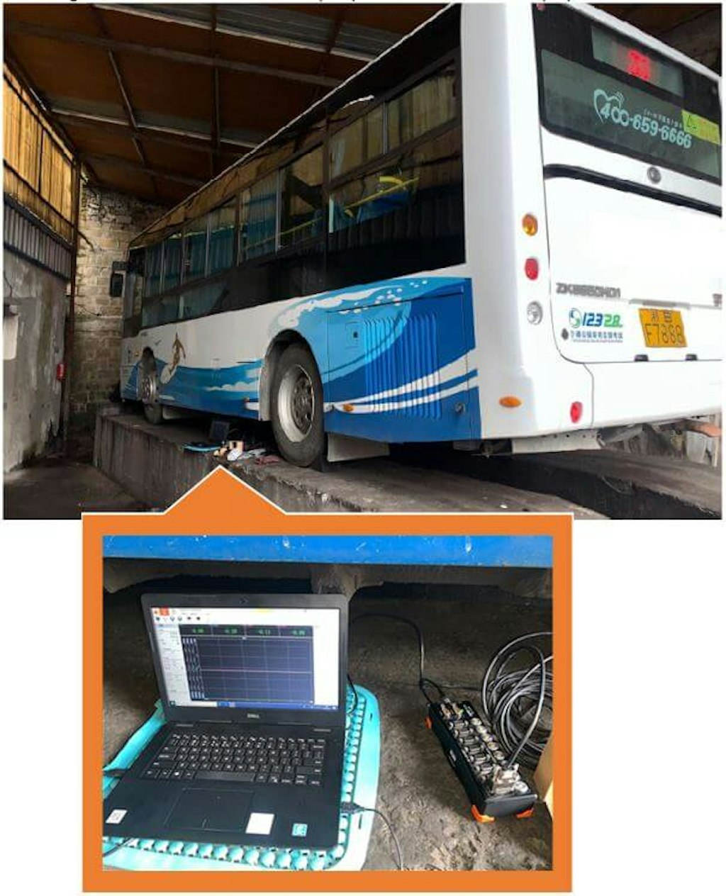 Figure 4. The testing site is the customer’s repair yard and a DEWE-43 A with a laptop is placed under the bus.