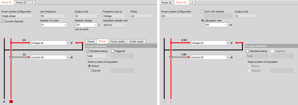 Figure 1: fenêtre de configuration AC et DC dans Dewesoft X