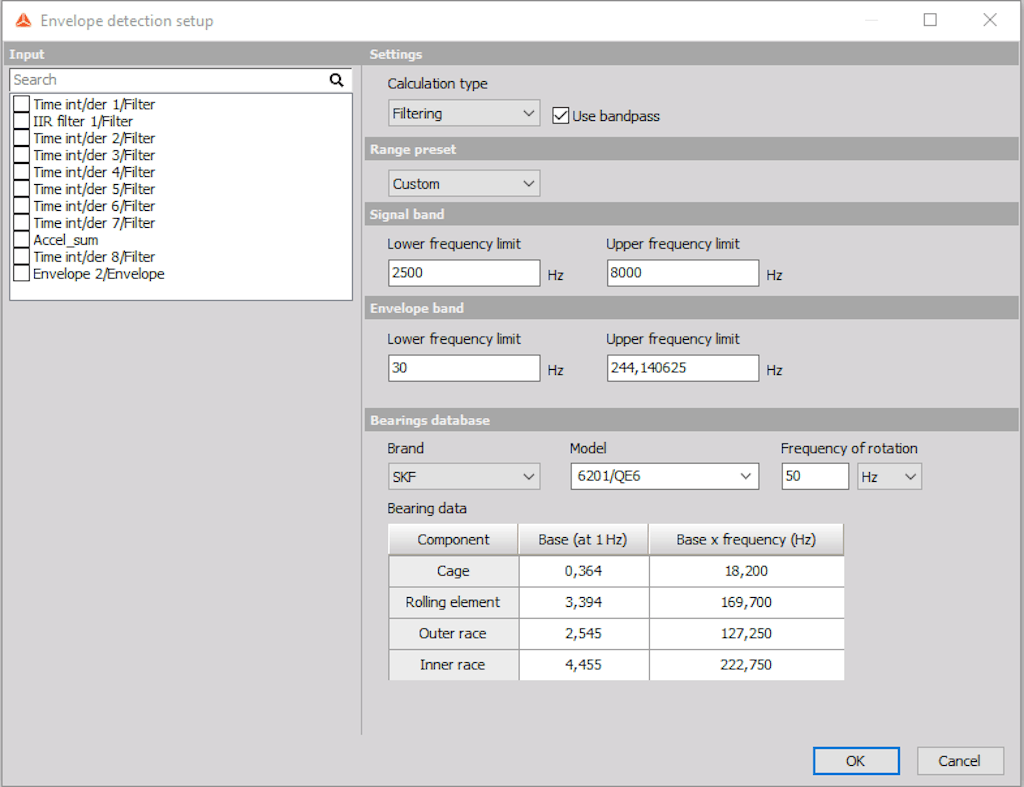 Figura 6. Ejemplo de configuración de detección envolvente de Dewesoft con función de base de datos de rodamientos.