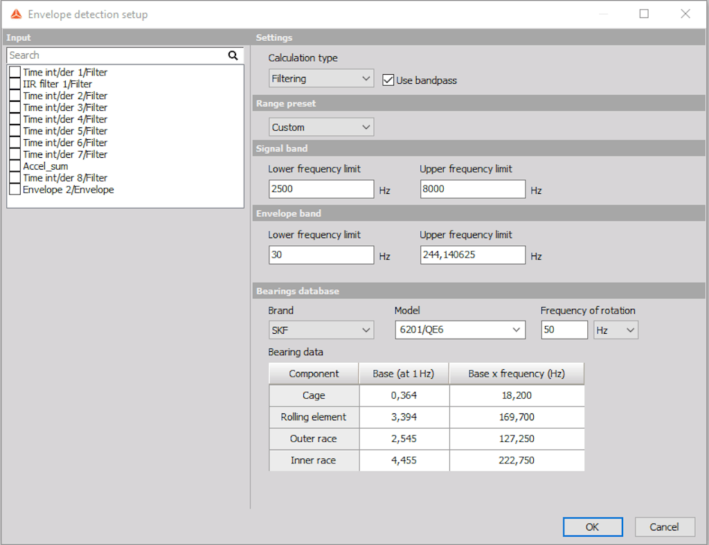 Figura 6. Exemplo de configuração de detecção de envelope Dewesoft com recurso de banco de dados de rolamentos.