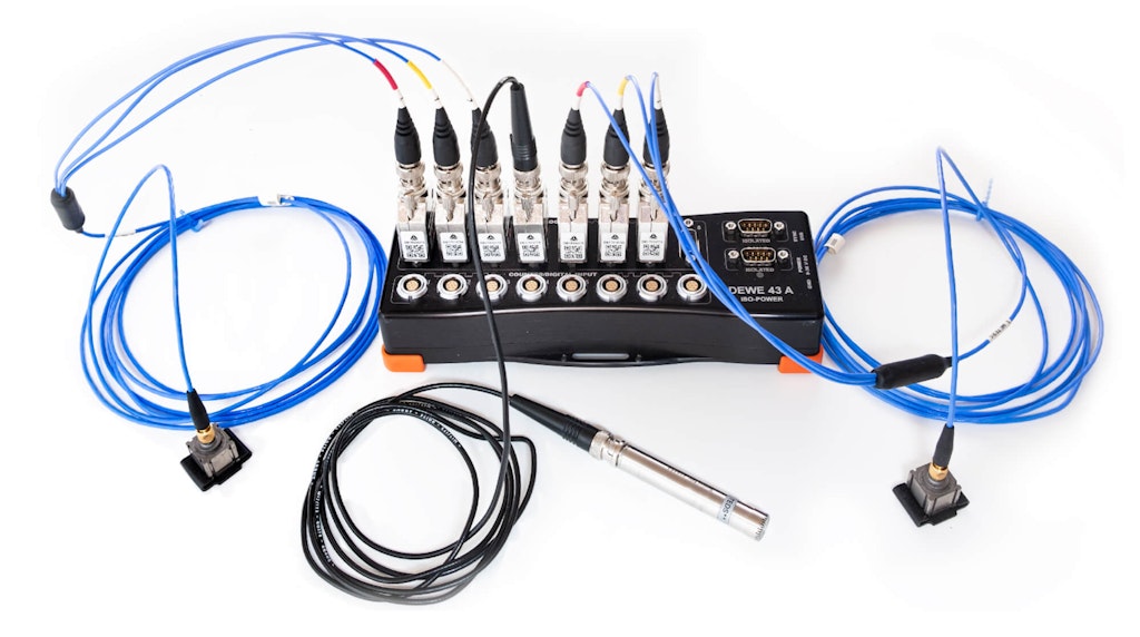 Sistema di acquisizione dati Dewesoft DEWE-43A con accelerometri e microfono.