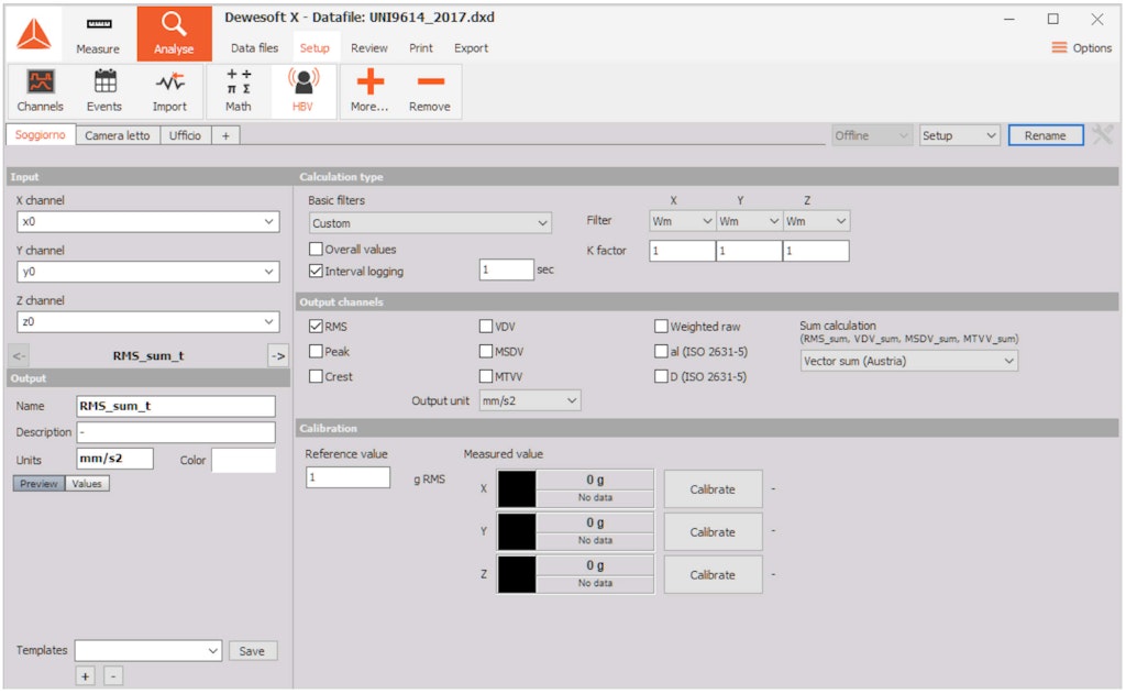 The setup screen in the Human vibration plugin in DewesoftX