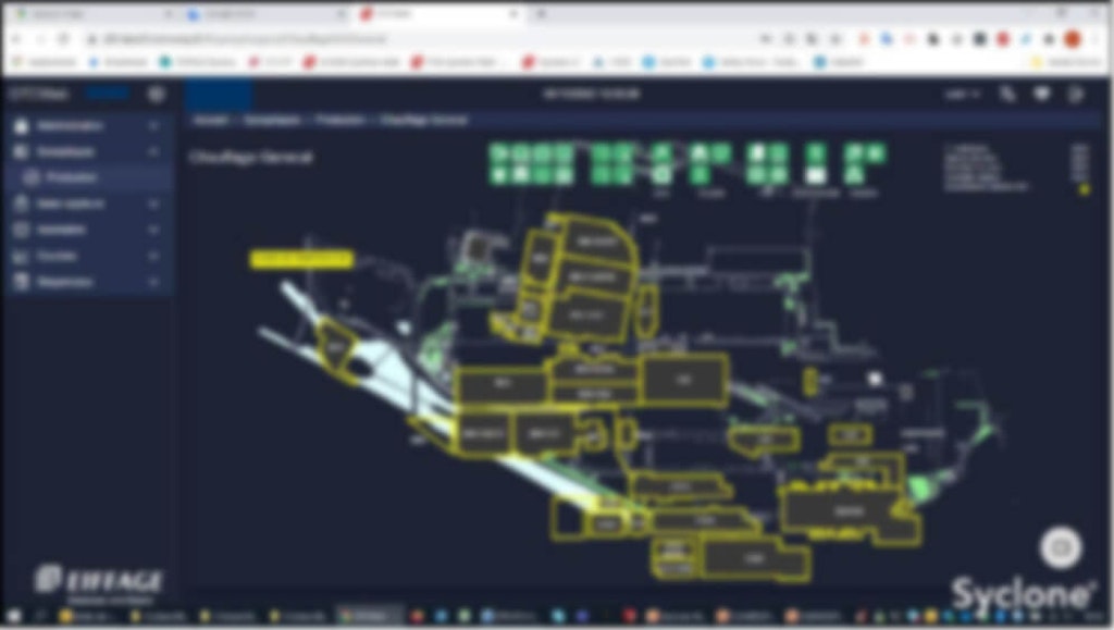 Figura 9. La vista principal de Syclone del sitio de fabricación a la que se puede acceder directamente a través del navegador web. Los clics impulsarán edificios o equipos manualmente.