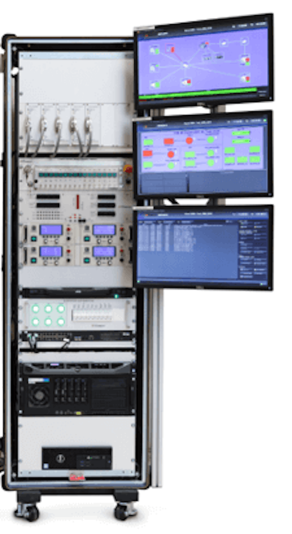 Figure 5.: The BEAP test bench hardware setup. Dewesoft Sirius and SBOX R8 and Syclone are combined and communicate via an EtherCAT network. The processing loop time is 1 ms on a network of about 4 kilometers.