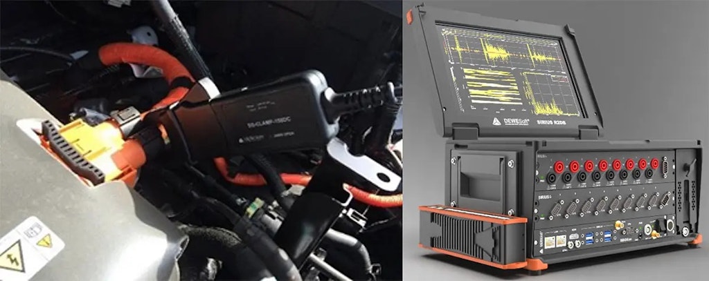 Figure 3: Measurement clamp mounted to the Vehicle under test (left) and the measurement system R2DB Power Analyzer (right).