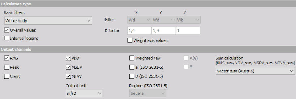 Fig 10. Dewesoft Human Body Vibration module - selecting the whole body method weightings as per ISO 2631-1 are implemented in the calculations.