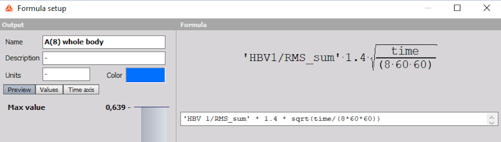 Fig. 13. Semplice formula definita in Dewesoft Math per il calcolo di aw8.