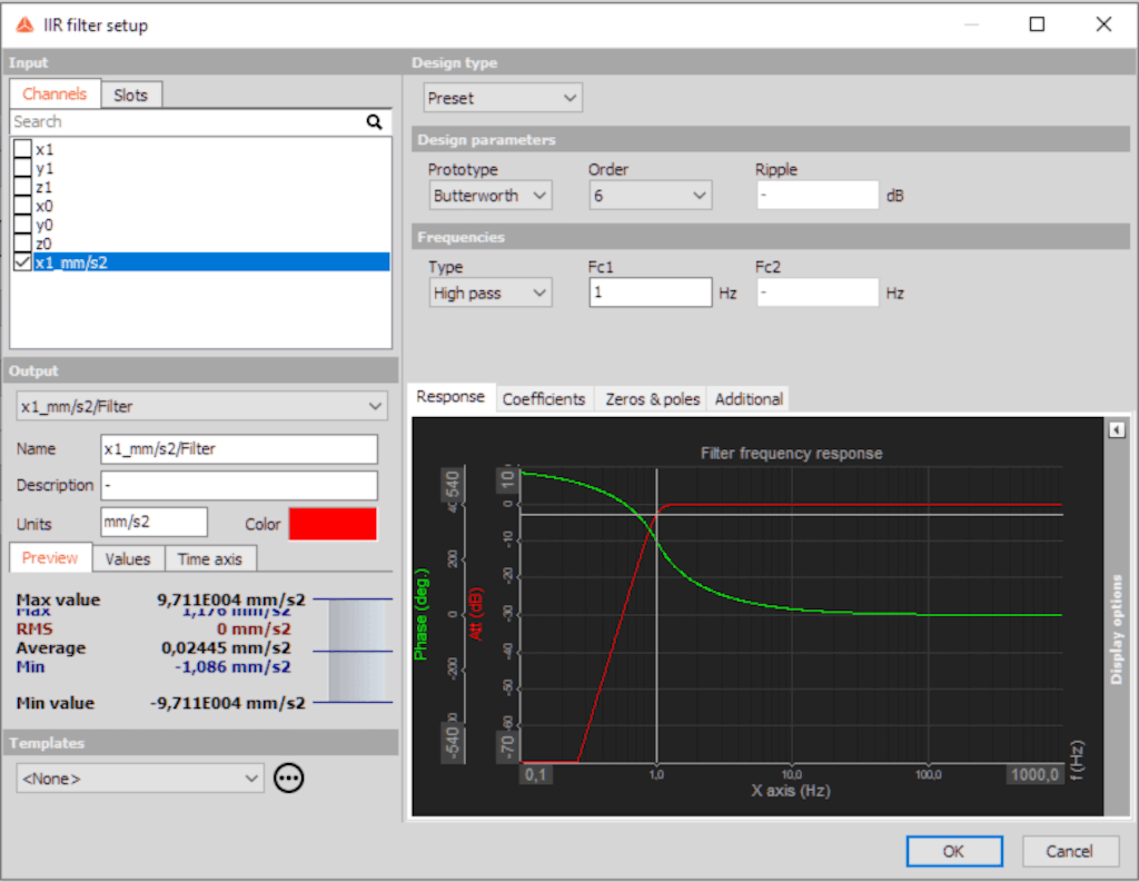 Figure 4. IIR filter setup settings.