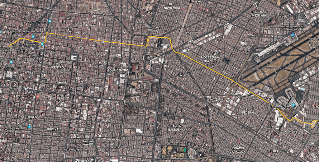 The trajectory followed during the tests on line 4 of the “METROBÚS” transportation system