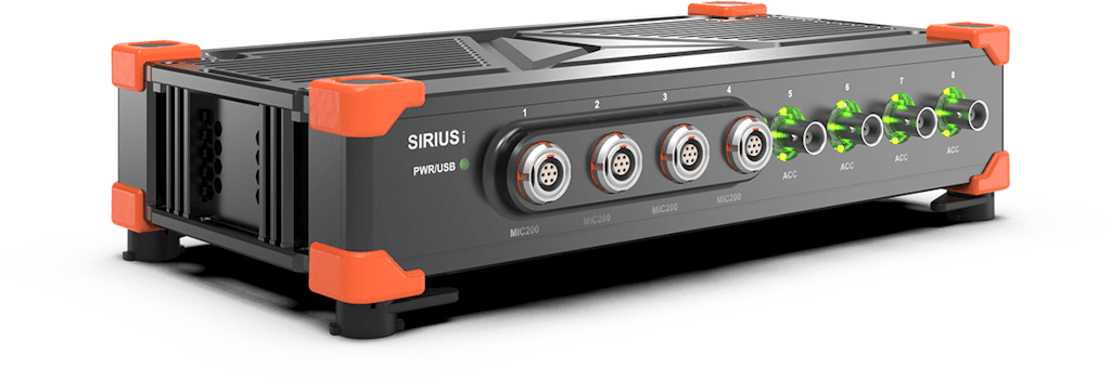 SIRIUSi-4xMIC200-4xACC: Modulare Datenerfassung mit 4 Mikrofoneingängen (Polarisationsspannung 200 V) und 4 IEPE/Spannungseingängen