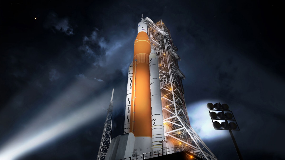 NASA SLS rocket pad at night