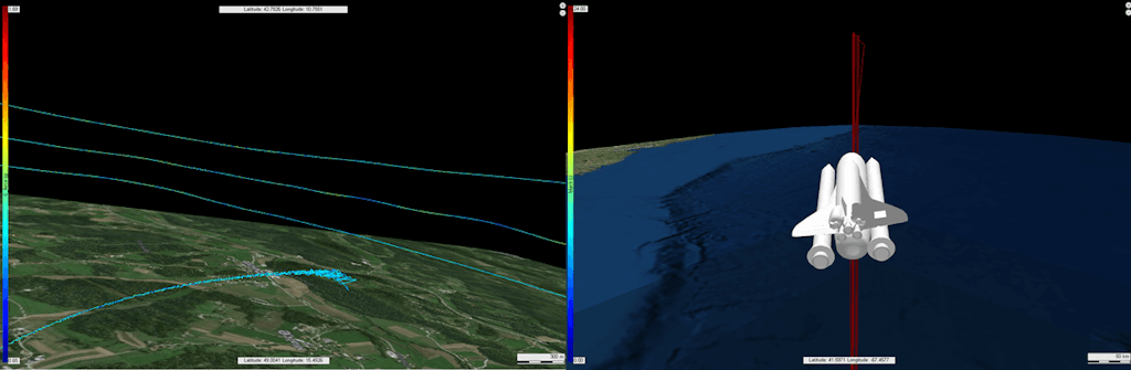 First-person (left) and third-person (right) views, using a 3D rocket model