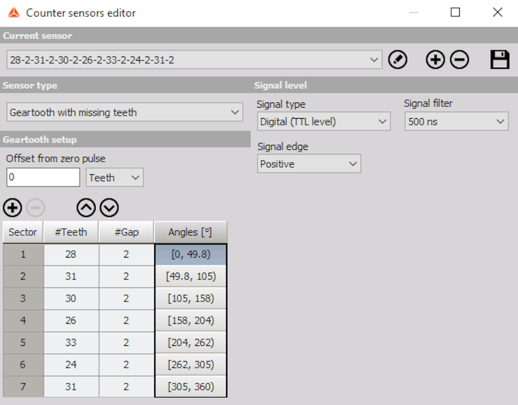 Exemplo de definição de sensor de dente de engrenagem