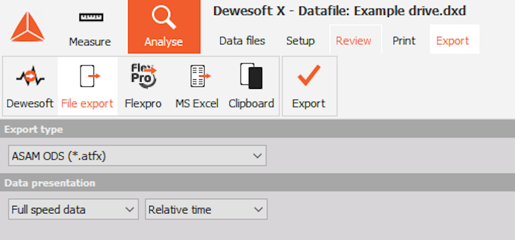 Configuración de exportación ASAM ODS