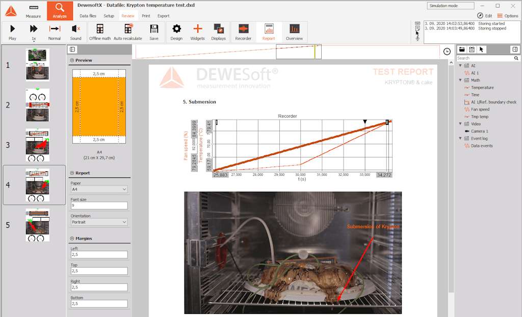 Pagina di report di esempio in DewesoftX 2020.2