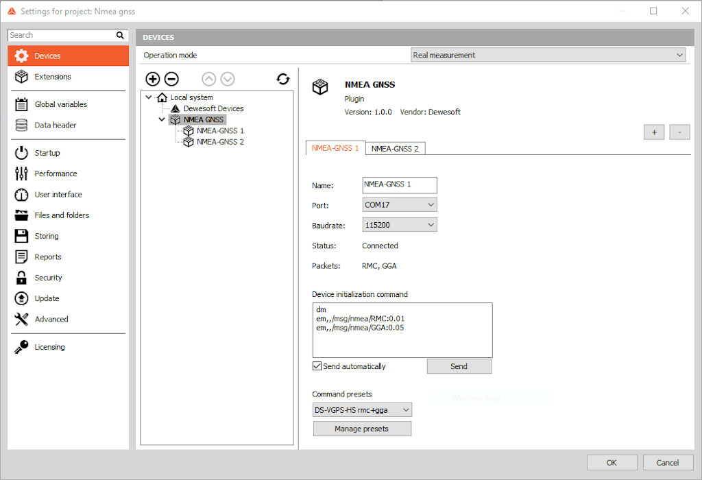 NMEA GNSS decoder settings