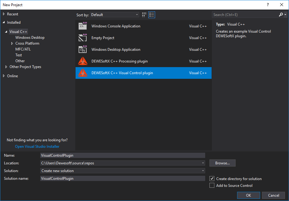 Download the Dewesoft plugin template using New project window in Visual Studio and selecting DewesoftX C++ Widget plugin Download the Dewesoft plugin template using New project window in Visual Studio and selecting DewesoftX C++ Widget plugin