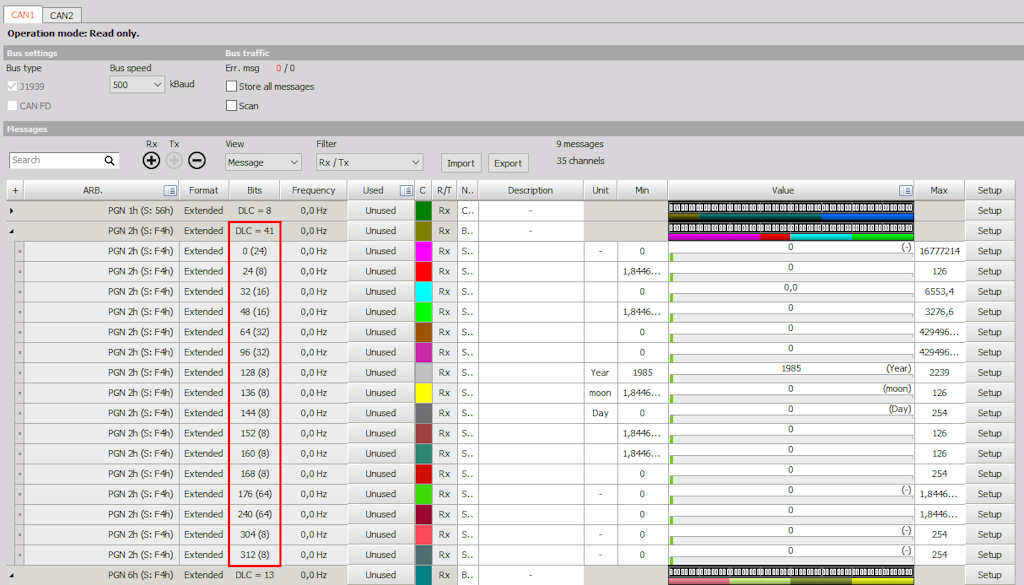 I messaggi multiframe dal file DBC vengono importati automaticamente