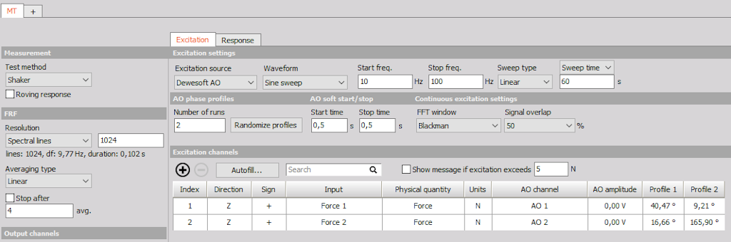 Typical settings in Modal test module for MIMO sine sweep test