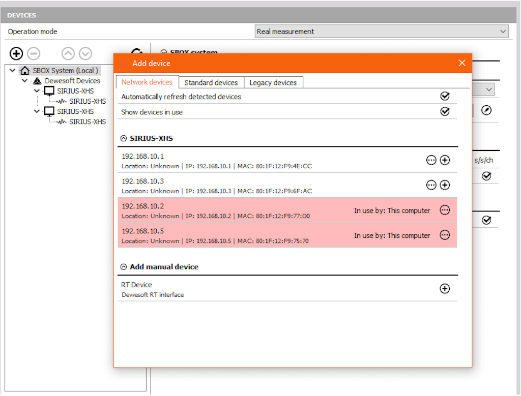 Lista de dispositivos XHS visibles en la red y sus estados