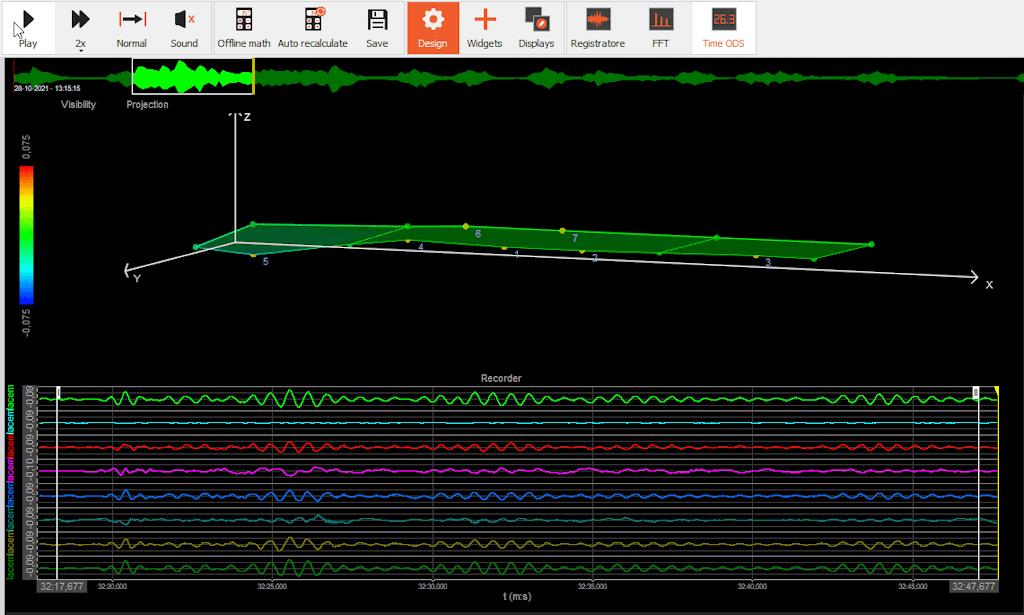 Example of animated (up-scaled) deflections of measured time data, acquired on a bridge Example of animated (up-scaled) deflections of measured time data, acquired on a bridge
