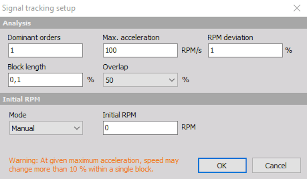 Configuración de seguimiento de señal para extracción de RPM sin tacómetro