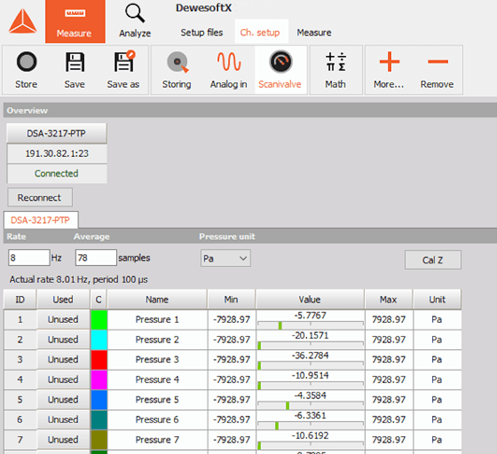 Scanivalve module settings window.