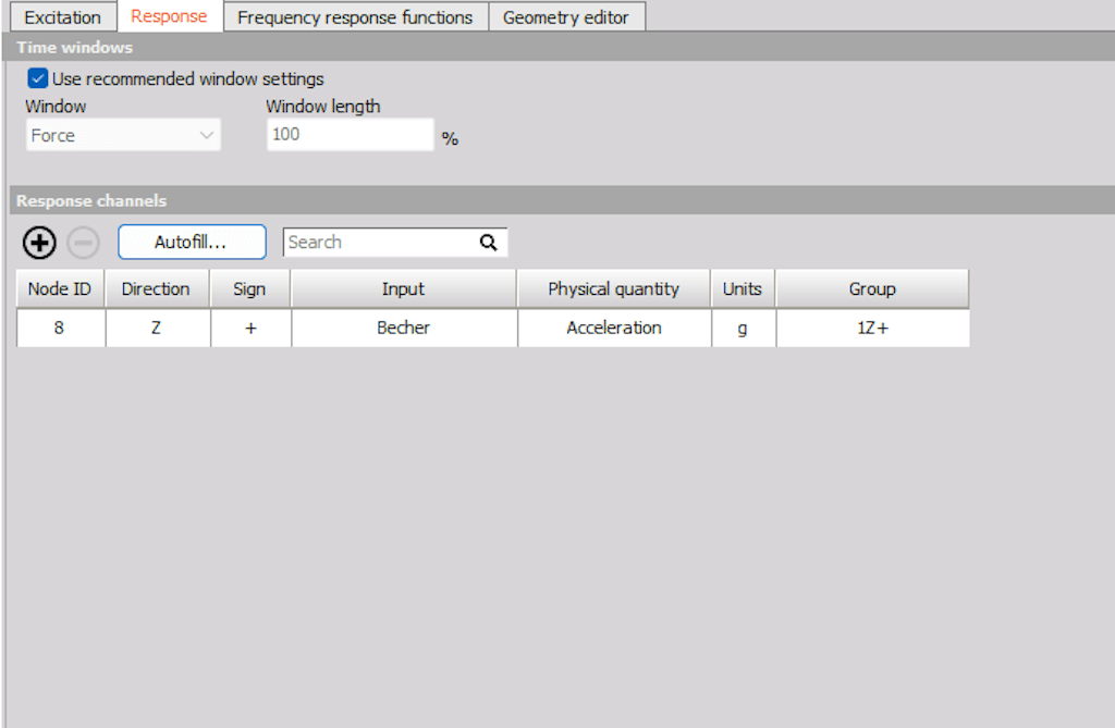 Figure 2b. Modal test setup: “Response” tab - the measurement setup requires only one sensor.