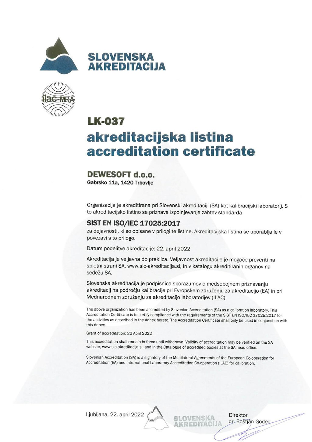 Accreditation certificate for Dewesoft laboratory