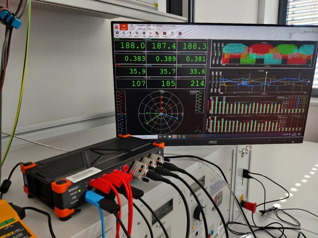 Figure 1. Dewesoft Sirius Power-Analyzer: power measurement, three-phase vector diagram, and high-resolution display of the time curves including spectrograms.