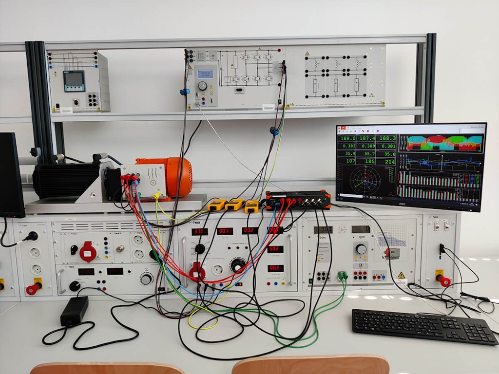 Figure 2. Frequency converter engine test bench and power measurement with the Dewesoft power analyzer.