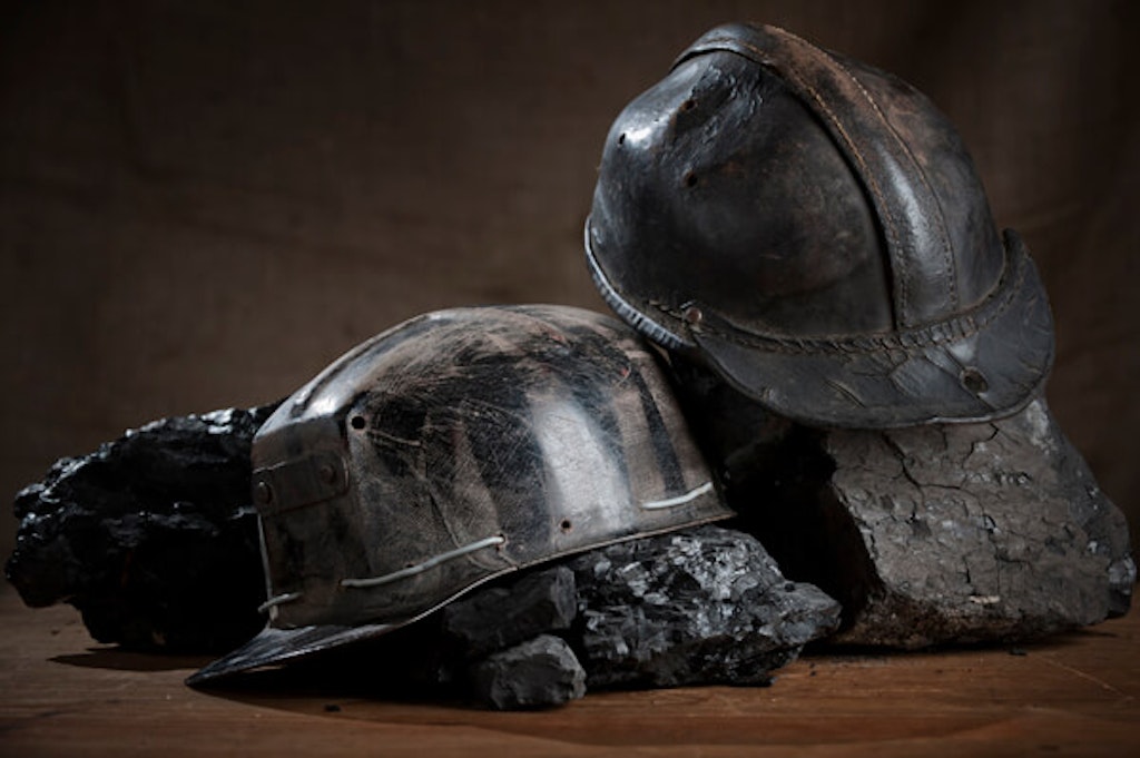 The miners’ helmets have now all been put on the shelf - these old ones along with some coal in the Trbovlje mining museum, 4. Dritl.