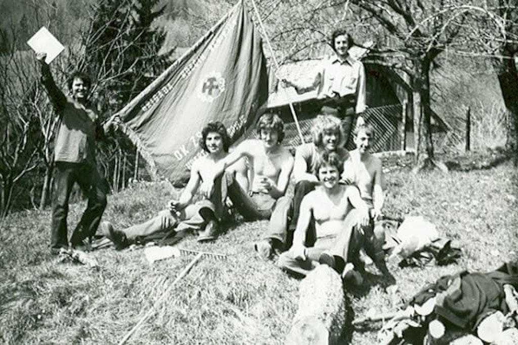 Group of young miners hiking in the hills