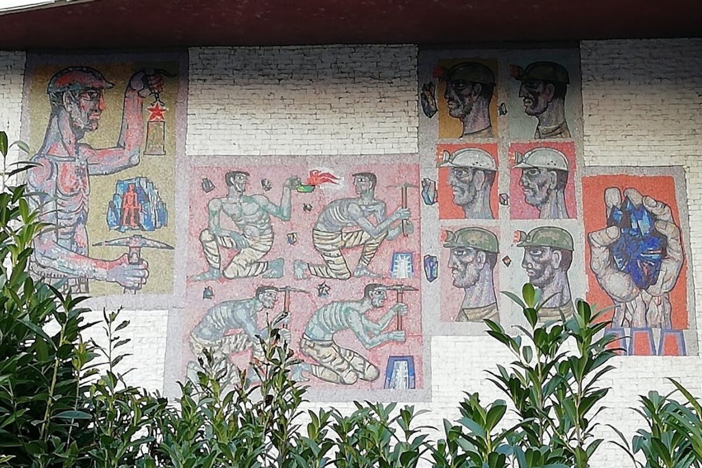 The region is full of artistic references to mining - this one decorates the facade of Delavski dom Trbovlje, the House of Culture in Trbovlje