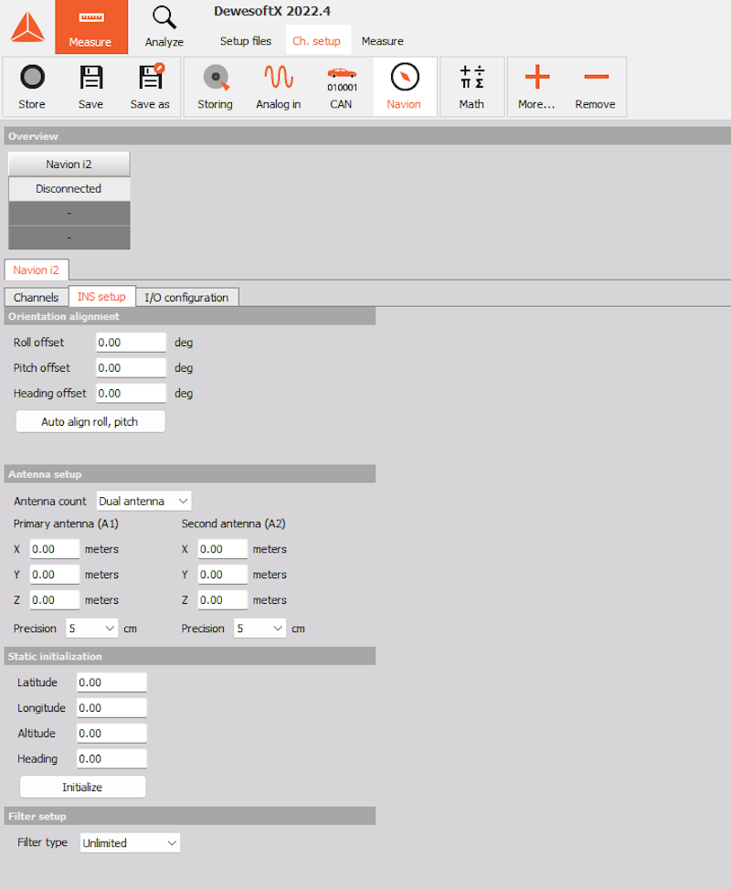 DewesoftX NAVION i2 software configuration