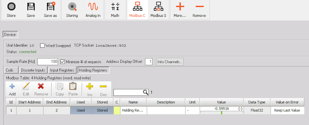 Configurações do cliente Modbus